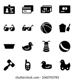Solid vector icon set - identity vector, credit card, sunglasses, ball, bucket scoop, basin, duck toy, pyramid, hammer, phone