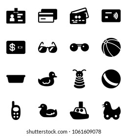 Solid vector icon set - identity vector, credit card, tap pay, sunglasses, ball, basin, duck toy, pyramid, phone, boat
