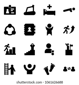 Solid vector icon set - identity vector, treadmill, hospital bed, push ups, social, contact book, success, career, winner, win, opportunity, feet, information exchange