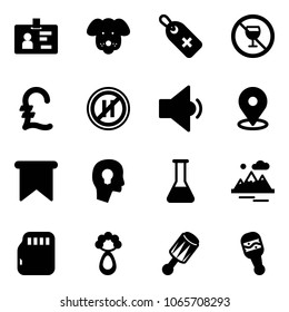 Solid vector icon set - identity vector, dog, medical label, no alcohol sign, pound, parking even road, low volume, map pin, flag, head bulb, flask, mountains, micro flash card, beanbag