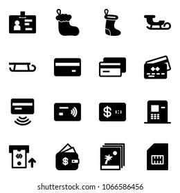 Solid vector icon set - identity vector, christmas sock, sleigh, credit card, tap pay, atm, finance management, photo, sim