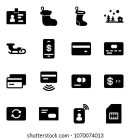 Solid vector icon set - identity vector, christmas sock, landscape, sleigh, mobile payment, credit card, tap pay, exchange, envelope, sim
