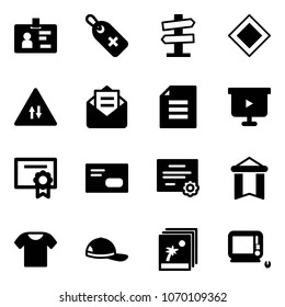 Solid vector icon set - identity vector, medical label, road signpost sign, main, oncoming traffic, opened mail, document, presentation board, certificate, envelope, pennant, t shirt, cap, photo