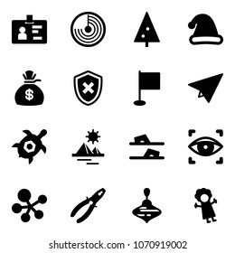 Solid vector icon set - identity vector, radar, christmas tree, hat, money bag, shield cross, flag, paper plane, sea turtle, pyramid, flip flops, eye scanner, molecule, pliers, wirligig toy, doll