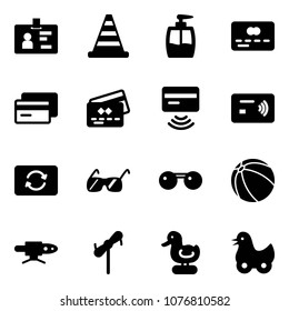 Solid vector icon set - identity vector, road cone, liquid soap, credit card, tap pay, exchange, sunglasses, ball, pipe welding, toy windmill, duck