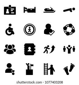 Solid vector icon set - identity vector, hotel, snowmobile, push ups, disabled, no pedestrian road sign, user check, friends, group, contact book, career, team leader, winner, win, opportunity, feet