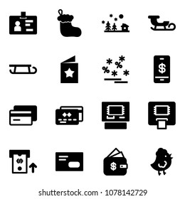 Solid vector icon set - identity vector, christmas sock, landscape, sleigh, star postcard, sale, mobile payment, credit card, atm, envelope, finance management, chicken toy