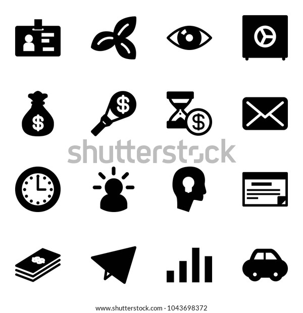 Solid vector icon set -\
identity vector, three leafs, eye, safe, money bag, torch, account\
history, mail, time, idea, head bulb, schedule, dollar, paper fly,\
chart, car