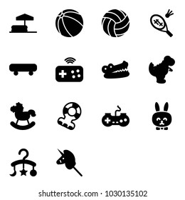 Solid vector icon set - inflatable pool vector, ball, volleyball, badminton, skateboard, joystick wireless, crocodile, dinosaur toy, rocking horse, teethers, gamepad, rabbit, baby carousel