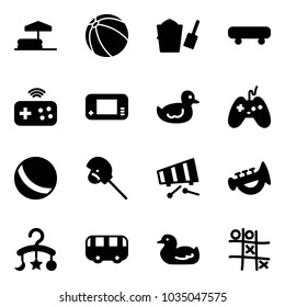 Solid vector icon set - inflatable pool vector, ball, bucket scoop, skateboard, joystick wireless, game console, duck toy, horse stick, xylophone, horn, baby carousel, bus, Tic tac toe