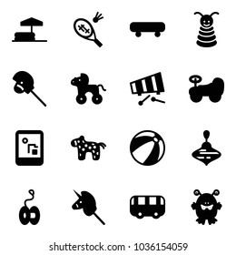 Solid vector icon set - inflatable pool vector, badminton, skateboard, pyramid toy, horse stick, wheel, xylophone, baby car, game console, beach ball, wirligig, yoyo, unicorn, bus, monster