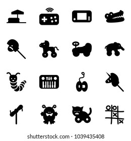 Solid vector icon set - inflatable pool vector, joystick wireless, game console, crocodile, horse stick toy, wheel, baby car, elephant, caterpillar, piano, yoyo, unicorn, windmill, monster, cat