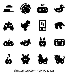 Solid vector icon set - inflatable pool vector, ball, joystick wireless, duck toy, dinosaur, game console, elephant wheel, gamepad, horn, rabbit, piano, yoyo, monster, cat