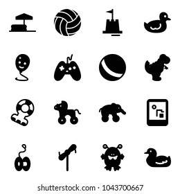 Solid vector icon set - inflatable pool vector, volleyball, sand castle, duck toy, balloon smile, joystick, ball, dinosaur, teethers, wheel horse, elephant, game console, yoyo, windmill, monster