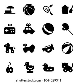 Solid Vector Icon Set - Inflatable Pool Vector, Ball, Badminton, Bucket Scoop, Joystick Wireless, Car Toy, Horse Stick, Wheel, Baby, Horn, Beach, Yoyo, Duck, Cat