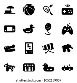 Solid vector icon set - inflatable pool vector, ball, badminton, joystick wireless, game console, duck toy, balloon smile, crocodile, xylophone, elephant wheel, horse, piano, car