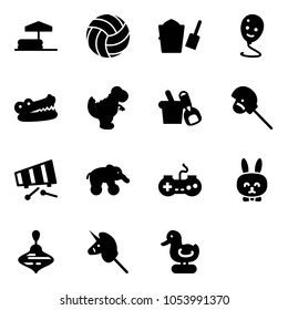 Solid vector icon set - inflatable pool vector, volleyball, bucket scoop, balloon smile, crocodile, dinosaur toy, shovel, horse stick, xylophone, elephant wheel, gamepad, rabbit, wirligig, unicorn