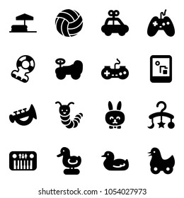 Solid vector icon set - inflatable pool vector, volleyball, car toy, joystick, teethers, baby, gamepad, game console, horn, caterpillar, rabbit, carousel, piano, duck