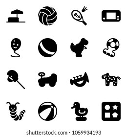 Solid vector icon set - inflatable pool vector, volleyball, badminton, game console, balloon smile, ball, dinosaur toy, teethers, horse stick, baby car, horn, caterpillar, beach, duck, cube hole