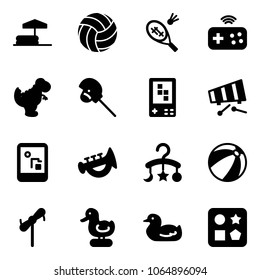 Solid vector icon set - inflatable pool vector, volleyball, badminton, joystick wireless, dinosaur toy, horse stick, game console, xylophone, horn, baby carousel, beach ball, windmill, duck