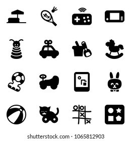 Solid vector icon set - inflatable pool vector, badminton, joystick wireless, game console, pyramid toy, car, shovel bucket, rocking horse, teethers, baby, rabbit, beach ball, cat, Tic tac toe