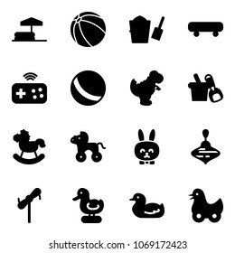 Solid vector icon set - inflatable pool vector, ball, bucket scoop, skateboard, joystick wireless, dinosaur toy, shovel, rocking horse, wheel, rabbit, wirligig, windmill, duck