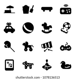 Solid vector icon set - inflatable pool vector, bucket scoop, skateboard, joystick wireless, car toy, ball, rocking horse, teethers, stick, wheel, xylophone, gamepad, game console, wirligig, duck