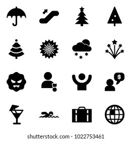 Solid vector icon set - insurance vector, escalator up, christmas tree, firework, snowfall, virus, winner, success, money dialog, drink, swimming, suitcase, globe