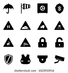 Solid vector icon set - insurance vector, side wind, safe, oncoming traffic road sign, steep descent, tractor way, slippery, wild animals, locked, unlocked, shield, life vest, surveillance camera