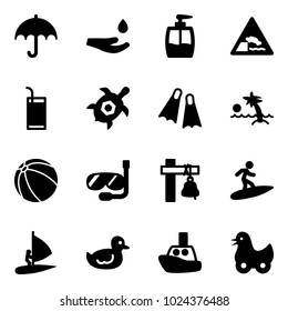 Solid vector icon set - insurance vector, drop hand, liquid soap, embankment road sign, drink, sea turtle, flippers, palm, ball, diving, ship bell, surfing, windsurfing, duck toy, boat