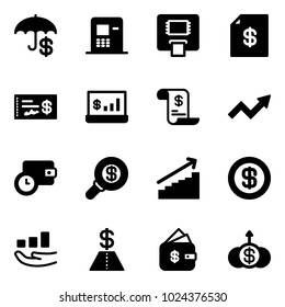 Solid vector icon set - insurance vector, atm, account statement, check, statistics, history, growth arrow, wallet time, search money, dollar, finance management