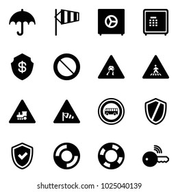 Solid vector icon set - insurance vector, side wind, safe, prohibition road sign, slippery, pedestrian, railway intersection, no bus, shield, check, lifebuoy, wireless key