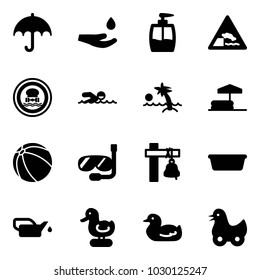 Solid vector icon set - insurance vector, drop hand, liquid soap, embankment road sign, no dangerous cargo, swimming, palm, inflatable pool, ball, diving, ship bell, basin, oiler, toy duck
