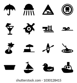 Solid vector icon set - insurance vector, shower, embankment road sign, no dangerous cargo, drink, sea turtle, pool, swimming, palm, inflatable, kayak, fishing, basin, sailboat toy, duck, boat