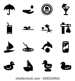 Solid vector icon set - insurance vector, drop hand, no dangerous cargo road sign, drink, swimming, palm, ship bell, windsurfing, fishing, dolphin, duck toy, sailboat