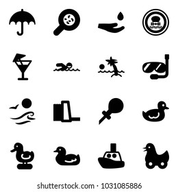 Solid vector icon set - insurance vector, bacteria, drop hand, no dangerous cargo road sign, drink, swimming, palm, diving, waves, water power plant, oiler, duck toy, boat