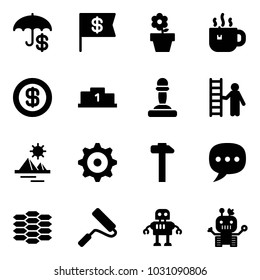 Solid vector icon set - insurance vector, dollar flag, flower pot, hot tea, pedestal, pawn, opportunity, pyramid, gear, hammer, chat, carbon, paint roller, robot