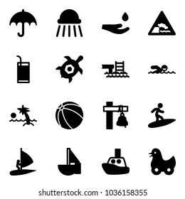 Solid vector icon set - insurance vector, shower, drop hand, embankment road sign, drink, sea turtle, pool, swimming, palm, ball, ship bell, surfing, windsurfing, sailboat toy, boat, duck