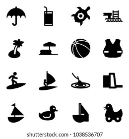 Solid vector icon set - insurance vector, drink, sea turtle, pool, palm, inflatable, ball, life vest, surfing, windsurfing, fishing, water power plant, sailboat toy, duck