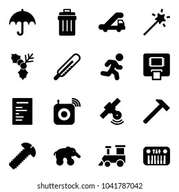 Solid vector icon set - insurance vector, trash bin, trap truck, Magic wand, holly, thermometer, run, atm, document, wireless speaker, satellite, hammer, screw, elephant wheel, toy train, piano