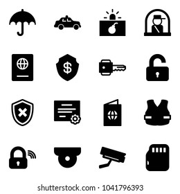 Solid vector icon set - insurance vector, safety car, terrorism, officer window, passport, safe, key, unlocked, shield cross, certificate, life vest, wireless lock, surveillance camera