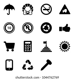Solid vector icon set - insurance vector, christmas wreath, no smoking sign, tractor way road, speed limit 10, turn back, circle, like, cart, calculator, pyramid flag, sun, mobile phone, recycling