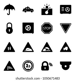 Solid vector icon set - insurance vector, safety car, terrorism, safe, lock, stop road sign, giving way, oncoming traffic, climb, embankment, tractor, side wind, limited height, wireless