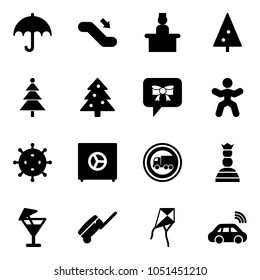 Solid vector icon set - insurance vector, escalator down, recieptionist, christmas tree, bow message, gymnastics, virus, safe, no truck road sign, chess queen, drink, suitcase, kite, car wireless