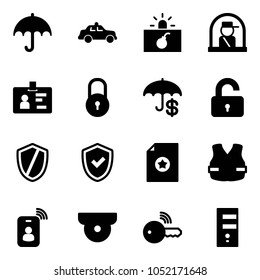 Solid vector icon set - insurance vector, safety car, terrorism, officer window, identity, lock, unlocked, shield, check, certificate, life vest, card, surveillance camera, wireless key, server