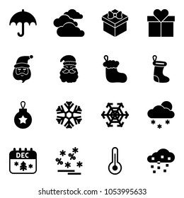 Solid vector icon set - insurance vector, clouds, gift, santa claus, christmas sock, ball, snowflake, snowfall, calendar, sale, thermometer, snow