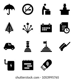Solid vector icon set - insurance vector, no smoking sign, baby room, recieptionist, christmas tree, firework, schedule, history, car, chess queen, pyramid flag, suitcase, power bank, terms plan