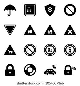 Solid vector icon set - insurance vector, safe, prohibition road sign, giving way, tractor, railway intersection, cow, limited height, no pedestrian, locked, lifebuoy, car wireless, lock