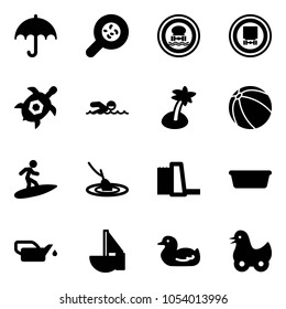 Solid vector icon set - insurance vector, bacteria, no dangerous cargo road sign, sea turtle, swimming, palm, ball, surfing, fishing, water power plant, basin, oiler, sailboat toy, duck