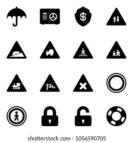 Solid vector icon set - insurance vector, safe, oncoming traffic road sign, climb, tractor way, pedestrian, children, railway intersection, side wind, prohibition, no, locked, unlocked, lifebuoy